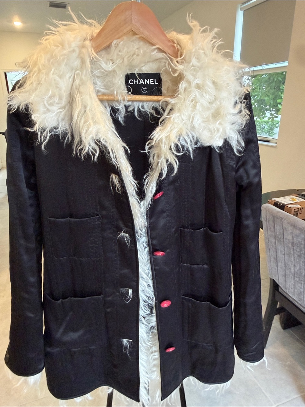 CHANEL Black Jacket with Cream Faux Fur Collar